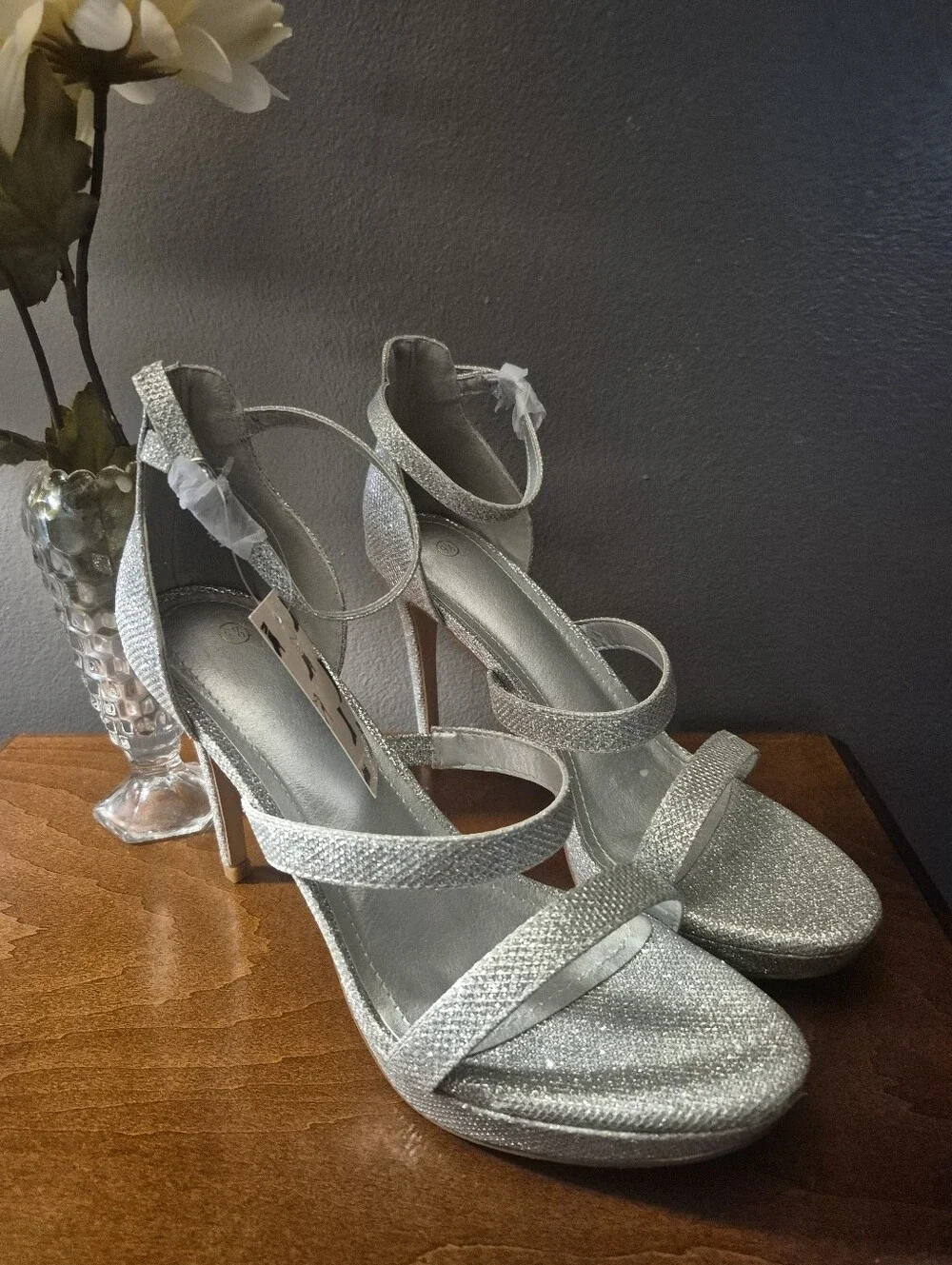Silver Glitter Ankle-Strap Stiletto Heels